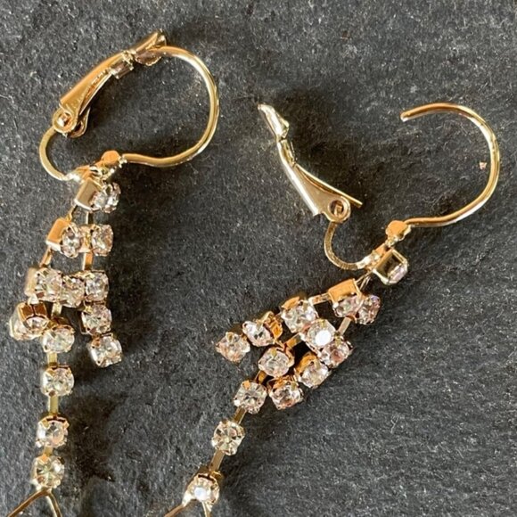 Dangling Goldtone Earrings With Clear and Brown Rhinestones by Jin Na La - Picture 4 of 6